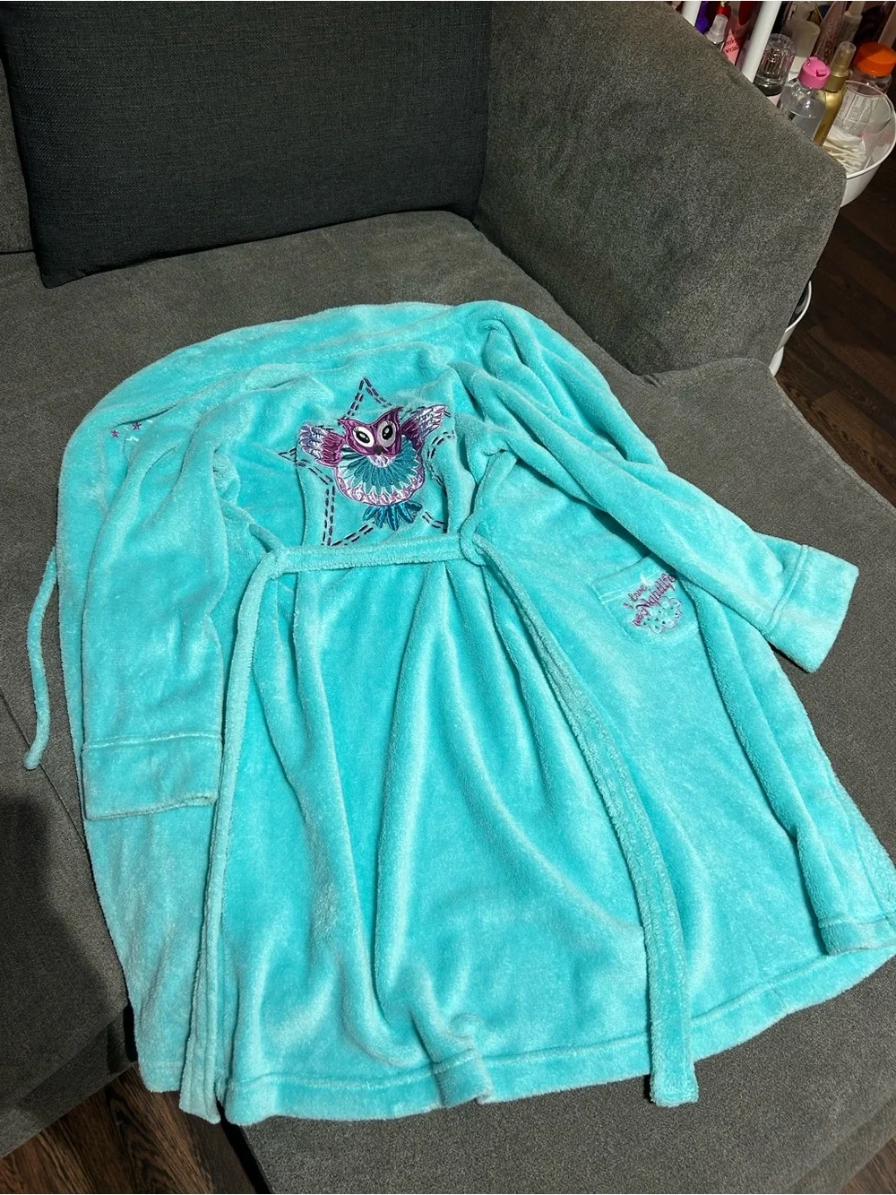 Joe Boxer- girls M- 7/8- Kids Plush Bath Robe in Aqua - Soft Hooded Wrap